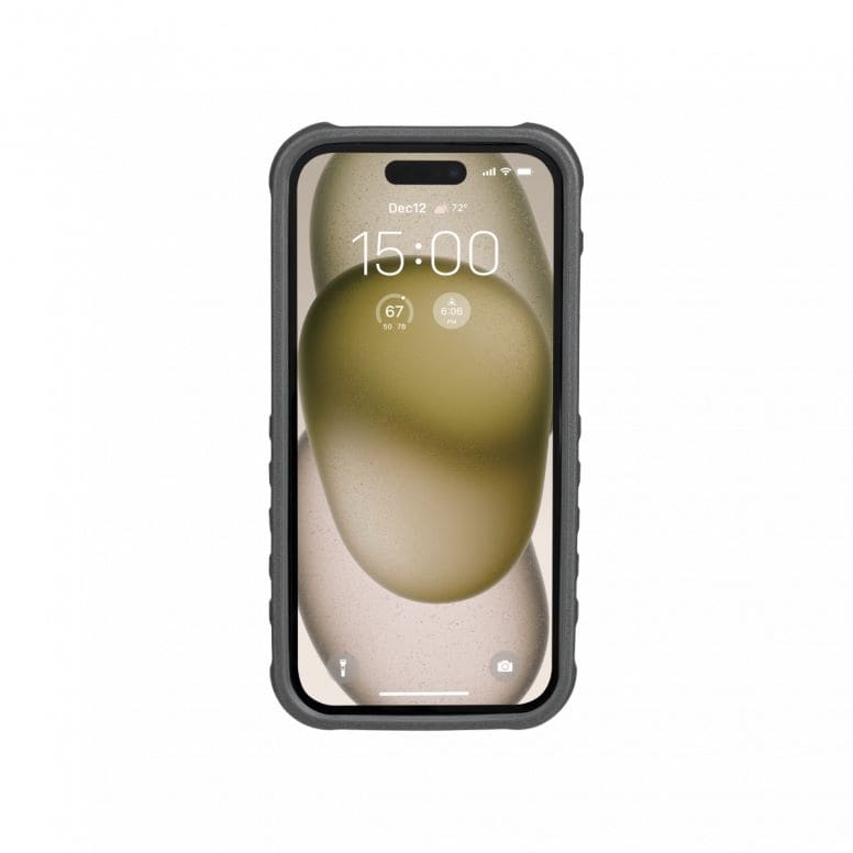 Topeak iPhone 15 RideCase black bike mount case with adjustable stand for cycling accessories, showing the mounted phone on a bike handlebar.