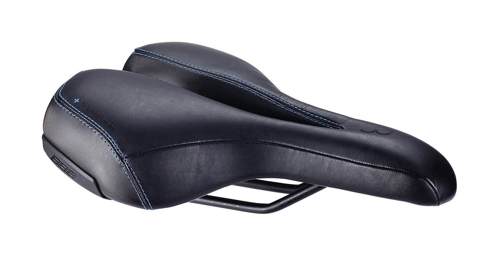 BBB SportPlus Ergo cycling saddle with CrMo rails, ergonomic design, 185x270mm, suitable for road and mountain bikes.