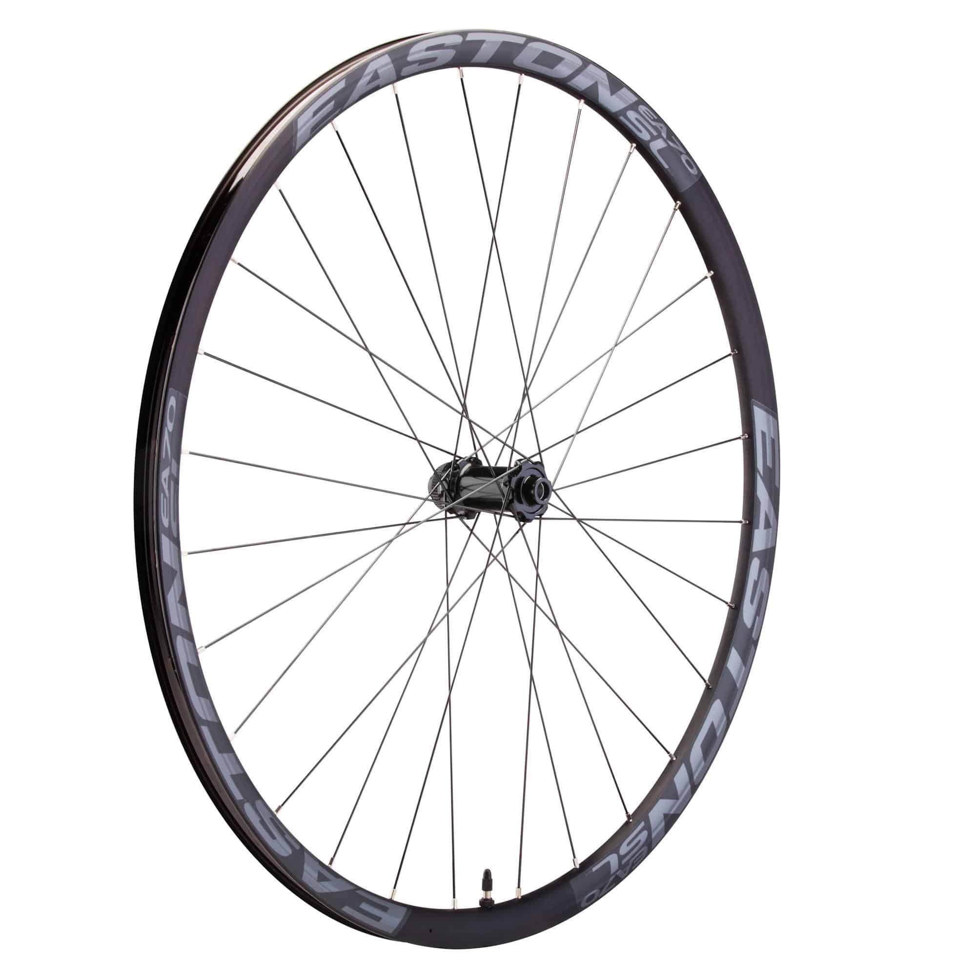 Easton EA70 SL clincher disc road bike wheel with V5 hubset and J-bend spokes, showing the sleek disc rim and hub details.