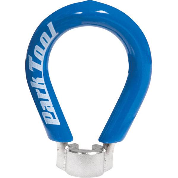 Park Tool SW-3 spoke wrench in blue, a durable bike wheel tool for adjusting spokes, shown in a workshop setting.