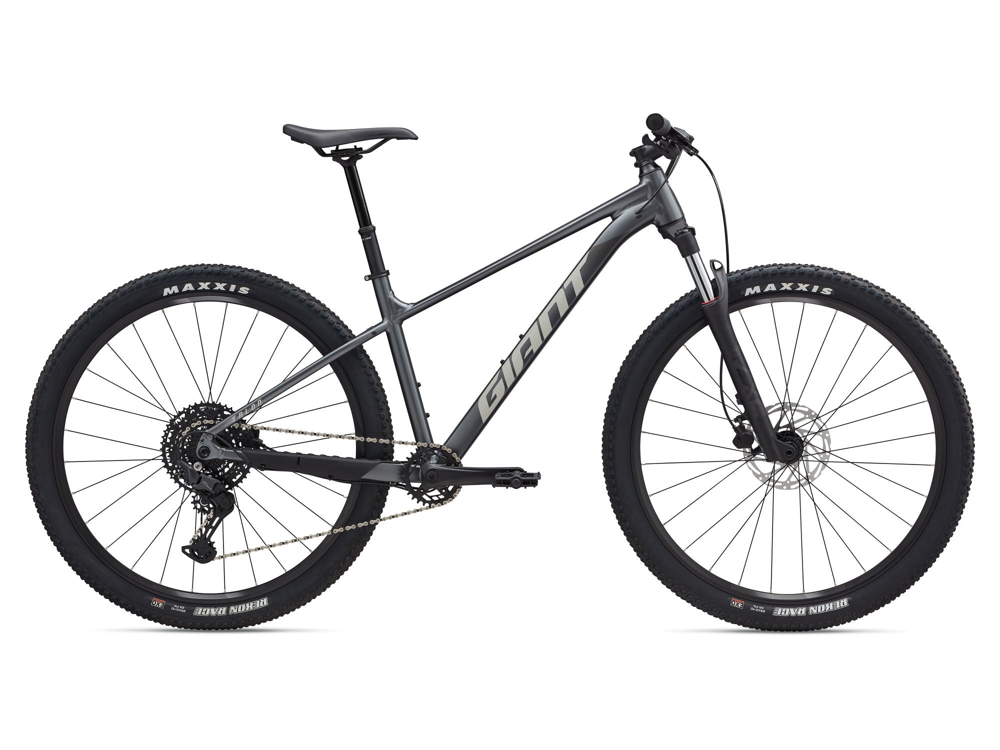 Giant Talon 29 1 mountain bike with Shimano CUES U6000 disc brakes, unisex MTB, black and red frame, ready for trail riding.
