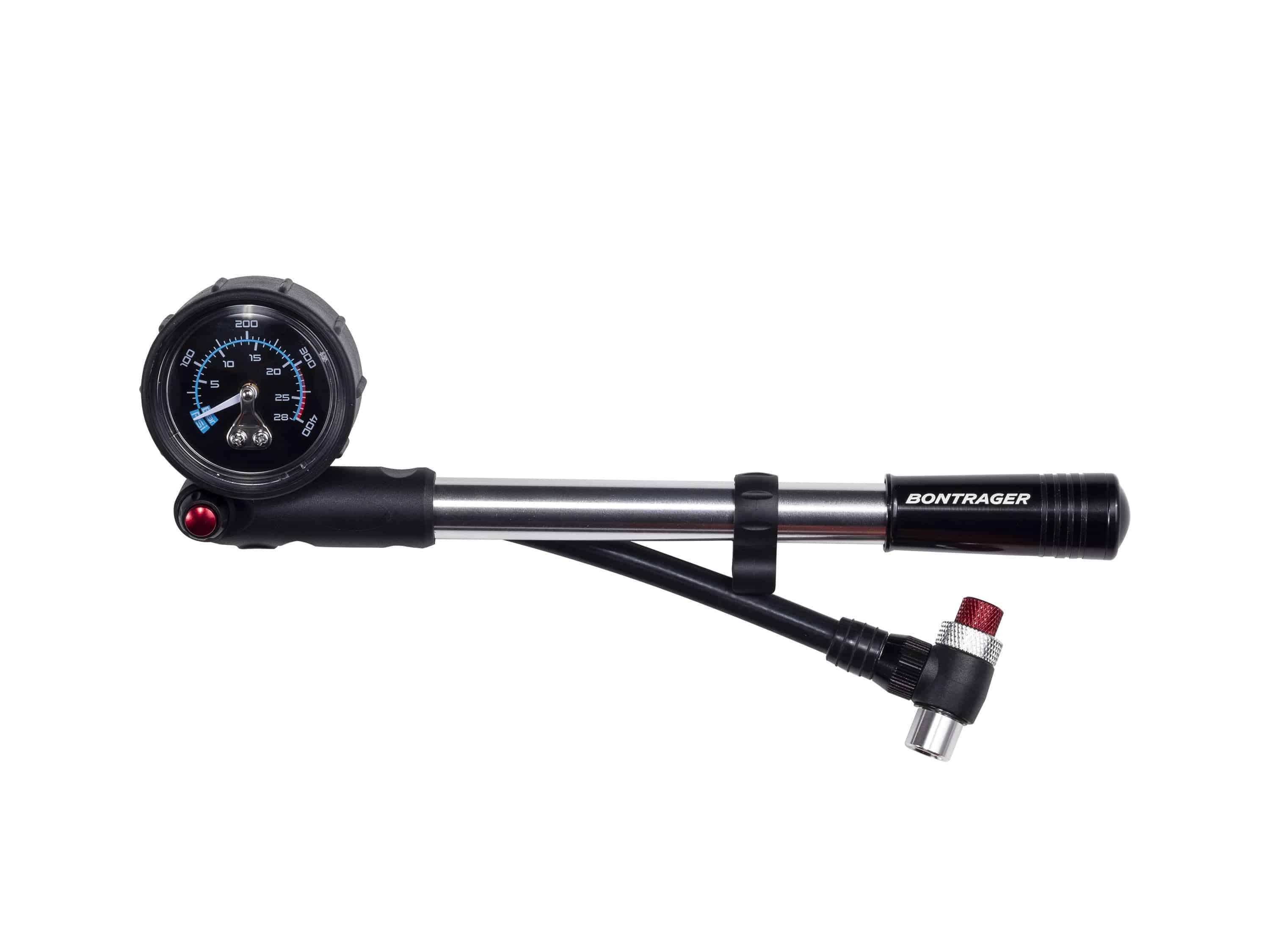 Bontrager shock pump with gauge for front forks and rear shocks, black and grey, accessory for bicycle suspension tuning.