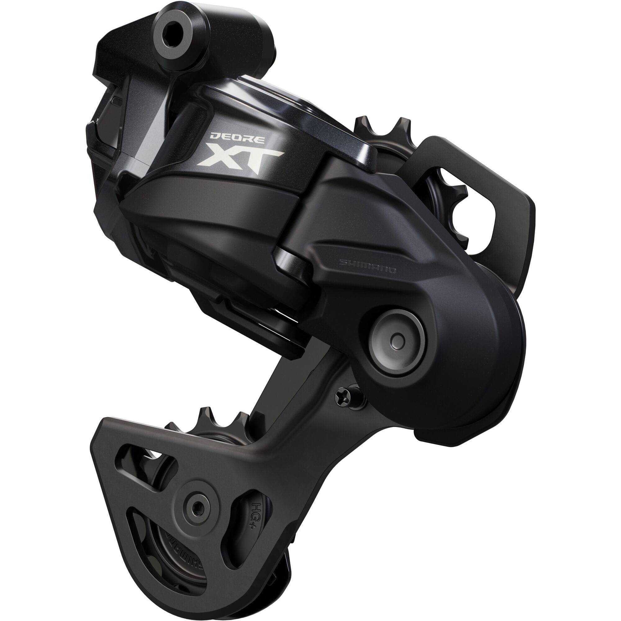 Shimano Deore XT RD-M8250 Di2 wireless 12-speed MTB rear derailleur with GS HYPERGLIDE design, mounted on a mountain bike frame.