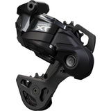 Shimano Deore XT RD-M8250 Di2 wireless 12-speed MTB rear derailleur with GS HYPERGLIDE design, mounted on a mountain bike frame.