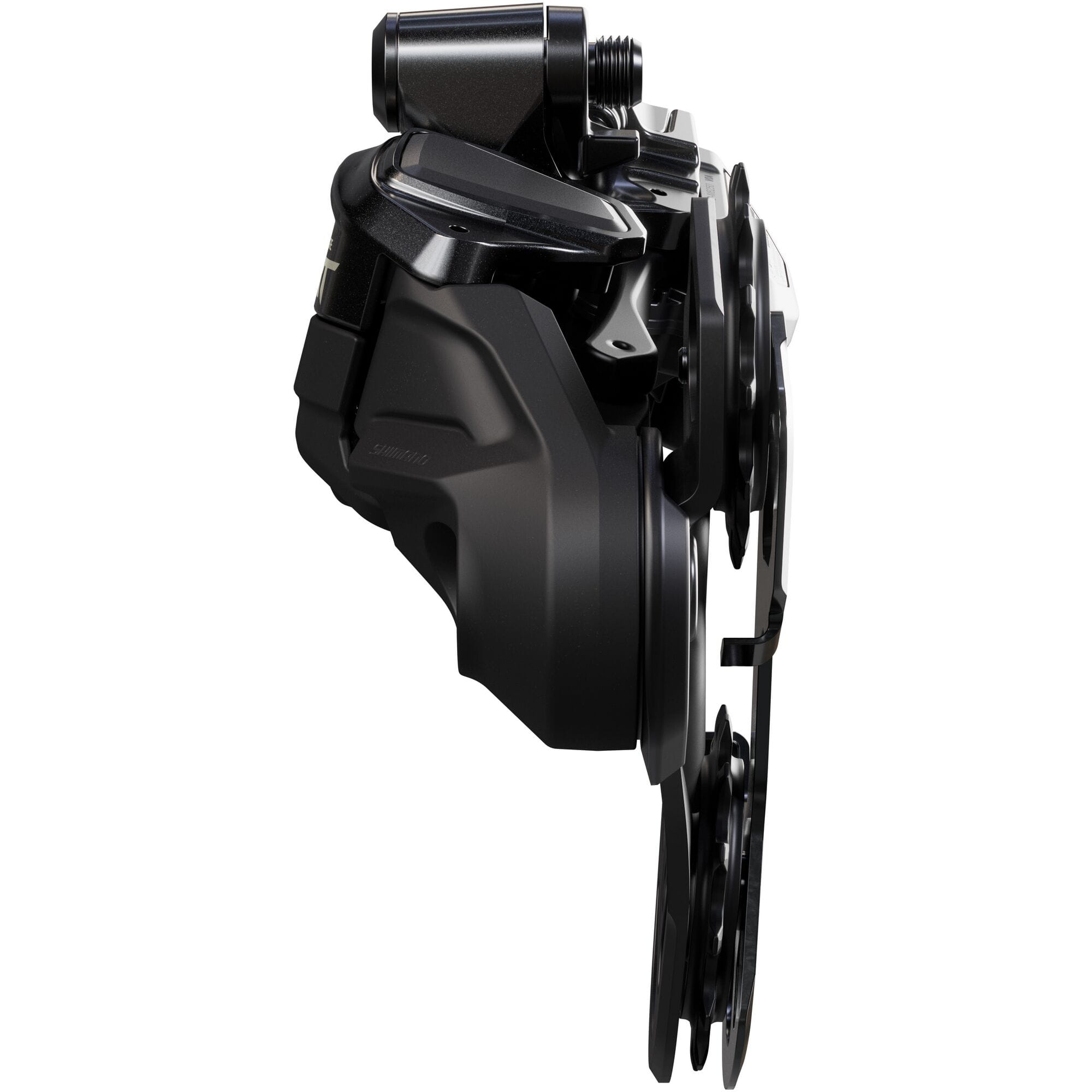Shimano Deore XT RD-M8250 Di2 wireless 12-speed MTB rear derailleur GS HYPERGLIDE mounted on bike, showing sleek component design