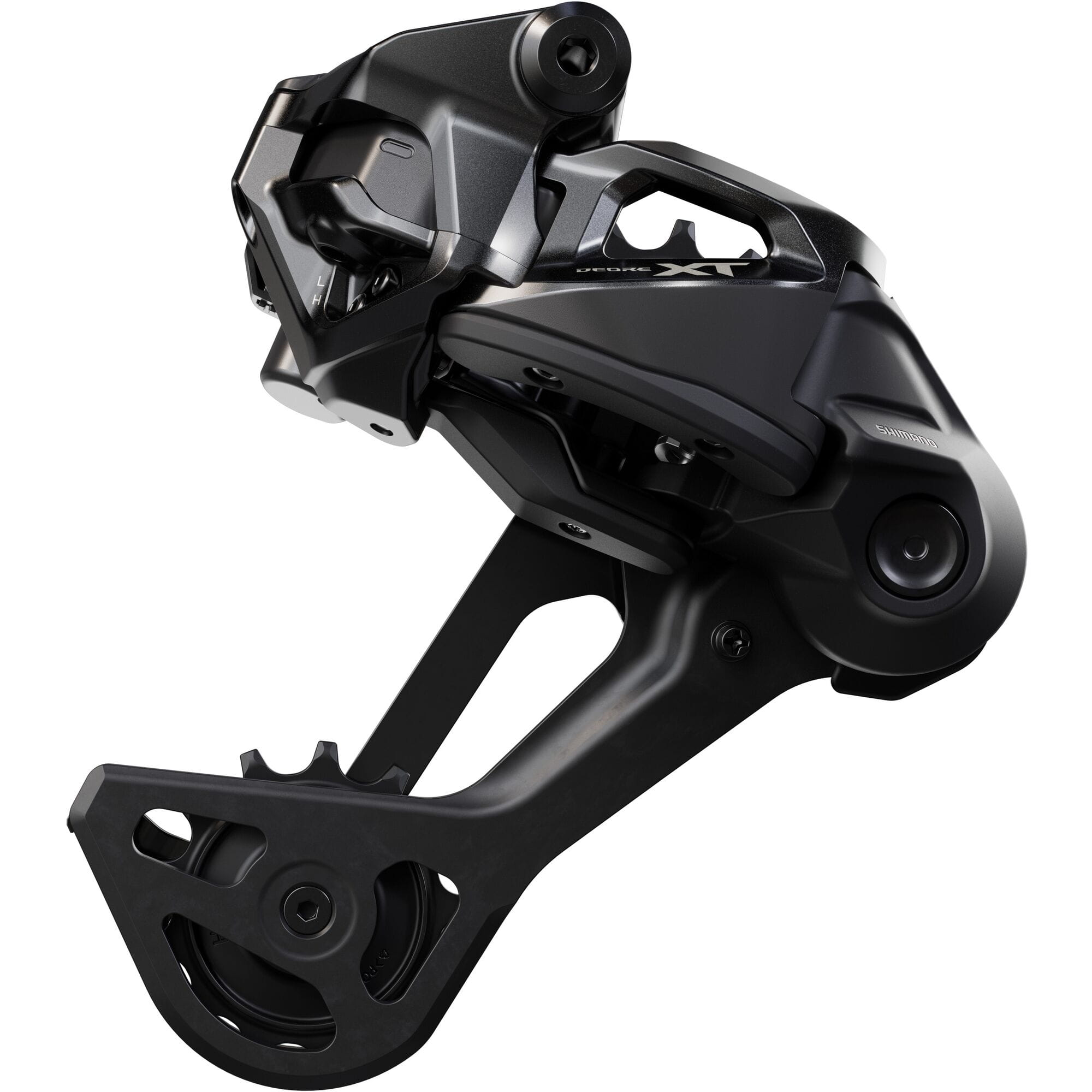 Shimano Deore XT RD-M8260 Di2 STEPS 12-speed rear derailleur with long cage for mountain bike gearing, featuring HyperGlide technology.