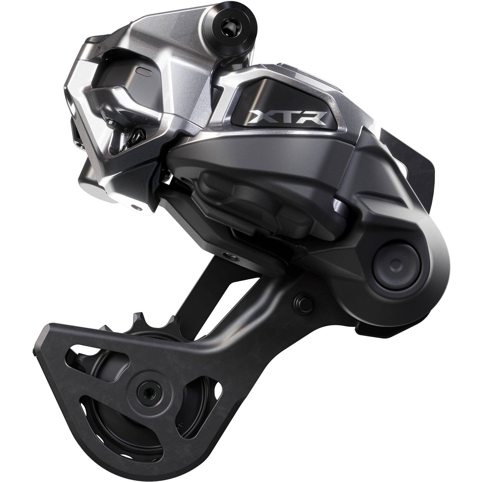 Shimano XTR RD-M9250 Di2 wireless 12-speed rear derailleur GS Hyperglide mountain bike component on a bike.