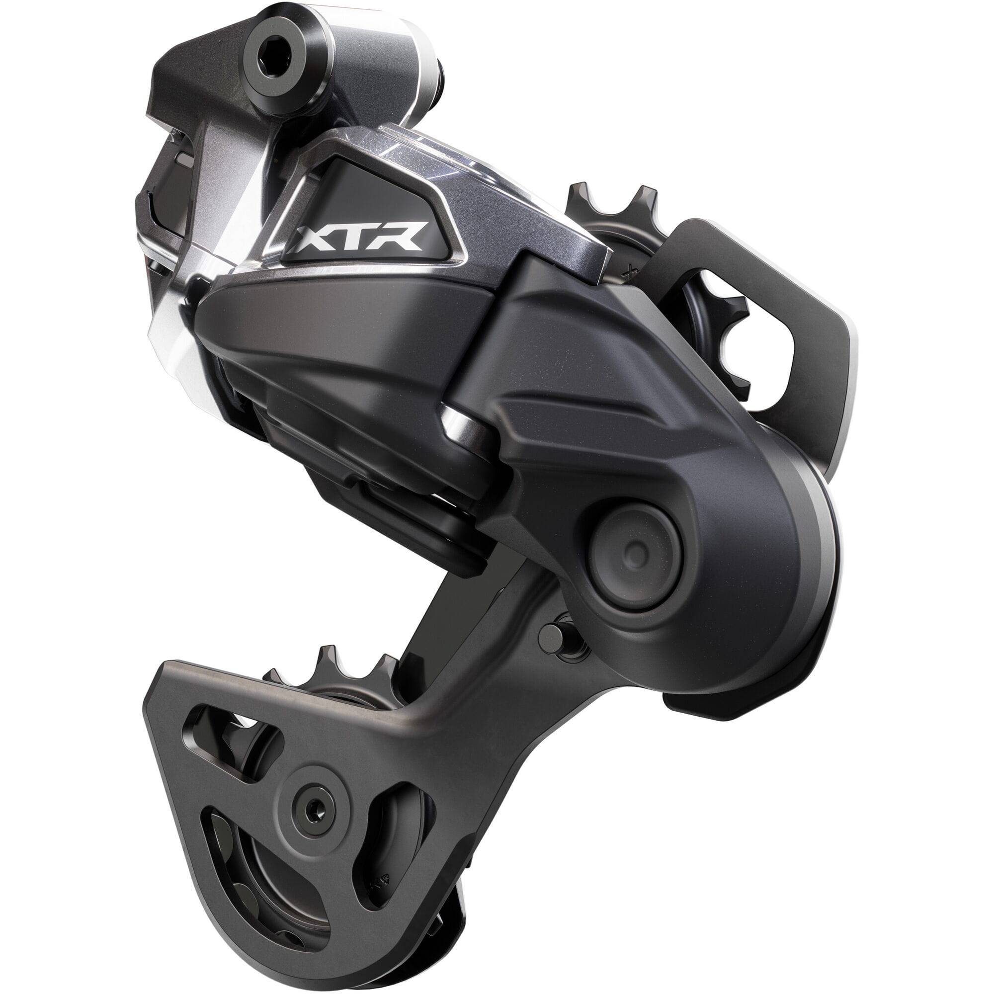 Shimano XTR RD-M9250 Di2 wireless 12-speed rear derailleur for MTB with GS Hyperglide design, showcasing its sleek component profile.