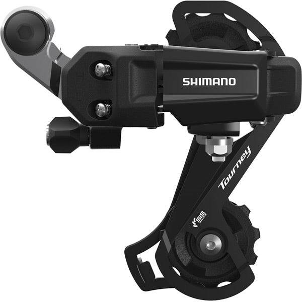 Shimano TY200 rear derailleur for 6/7-speed MTB with 28T short cage, durable bicycle gear component.