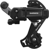 Shimano TY200 rear derailleur for 6/7-speed MTB with 28T short cage, durable bicycle gear component.