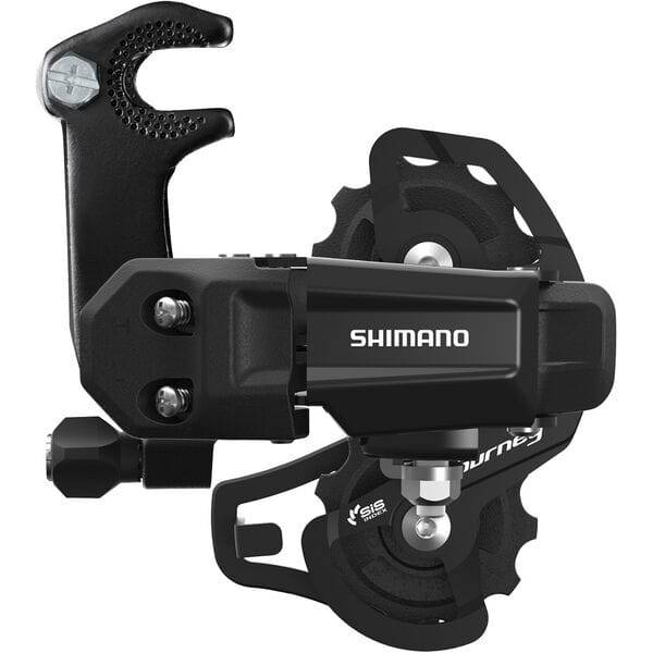 Shimano TY200 rear derailleur for MTB, 6/7-speed, with 28T short cage, mounted on bike drivetrain component.