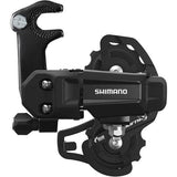 Shimano TY200 rear derailleur for MTB, 6/7-speed, with 28T short cage, mounted on bike drivetrain component.