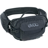 EVOC Hydration Hip Pack Pro E-Ride with 3L capacity, designed for e-mountainbike tours, shown in black with hydration bladder and accessories.