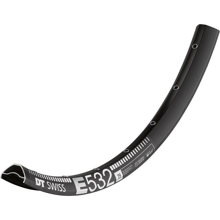 Black DT Swiss E 532 enduro disc brake rim with sleeve-joined construction and Presta drilled holes for mountain biking components