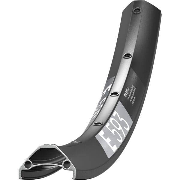 DT Swiss E 593 MTB rim with pin-joined design, Presta valve holes, tubeless compatible for enduro mountain biking.