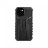Topeak iPhone 15 RideCase black bike mount case with adjustable stand, designed for secure cycling smartphone protection.
