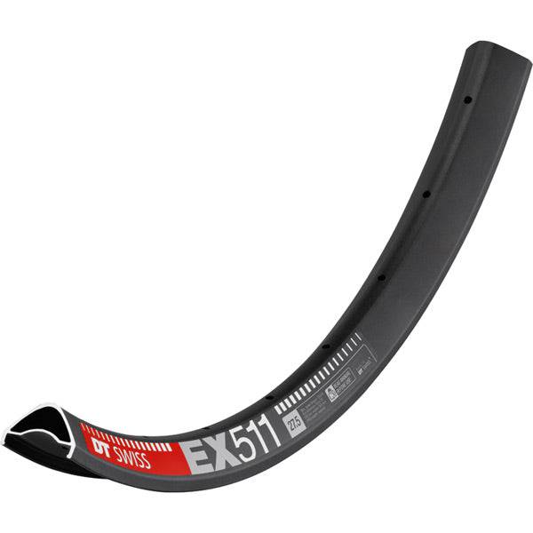DT Swiss EX 511 SBWT black MTB rim with disc-specific, Presta valve holes, suitable for 27.5" and 29" mountain bikes.