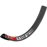 Black DT Swiss EX 511 SBWT mountain bike rim with disc brake compatibility, Presta valve, 27.5 and 29-inch sizes, pre-drilled for spokes