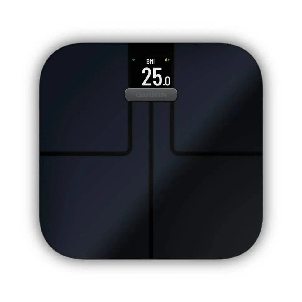 Garmin Index S2 black smart body composition scale with Wi-Fi, showing digital display and multi-user support.