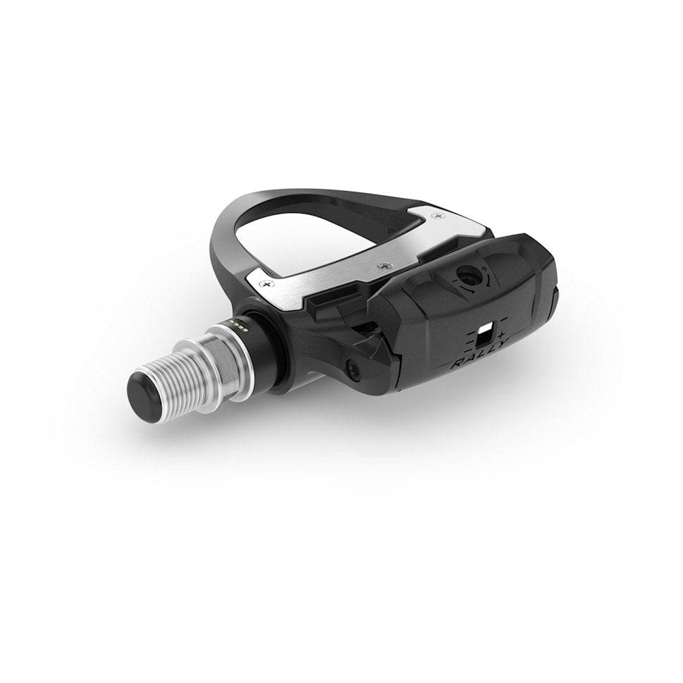 Garmin Rally RS110 single-sensing power meter pedals for cycling, showing the pedal with digital display and pedal body details.