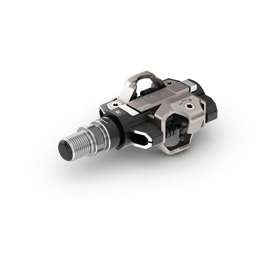Garmin Rally XC110 single-sensing power meter pedals with Shimano SPD cleats and pedal body for cycling components.