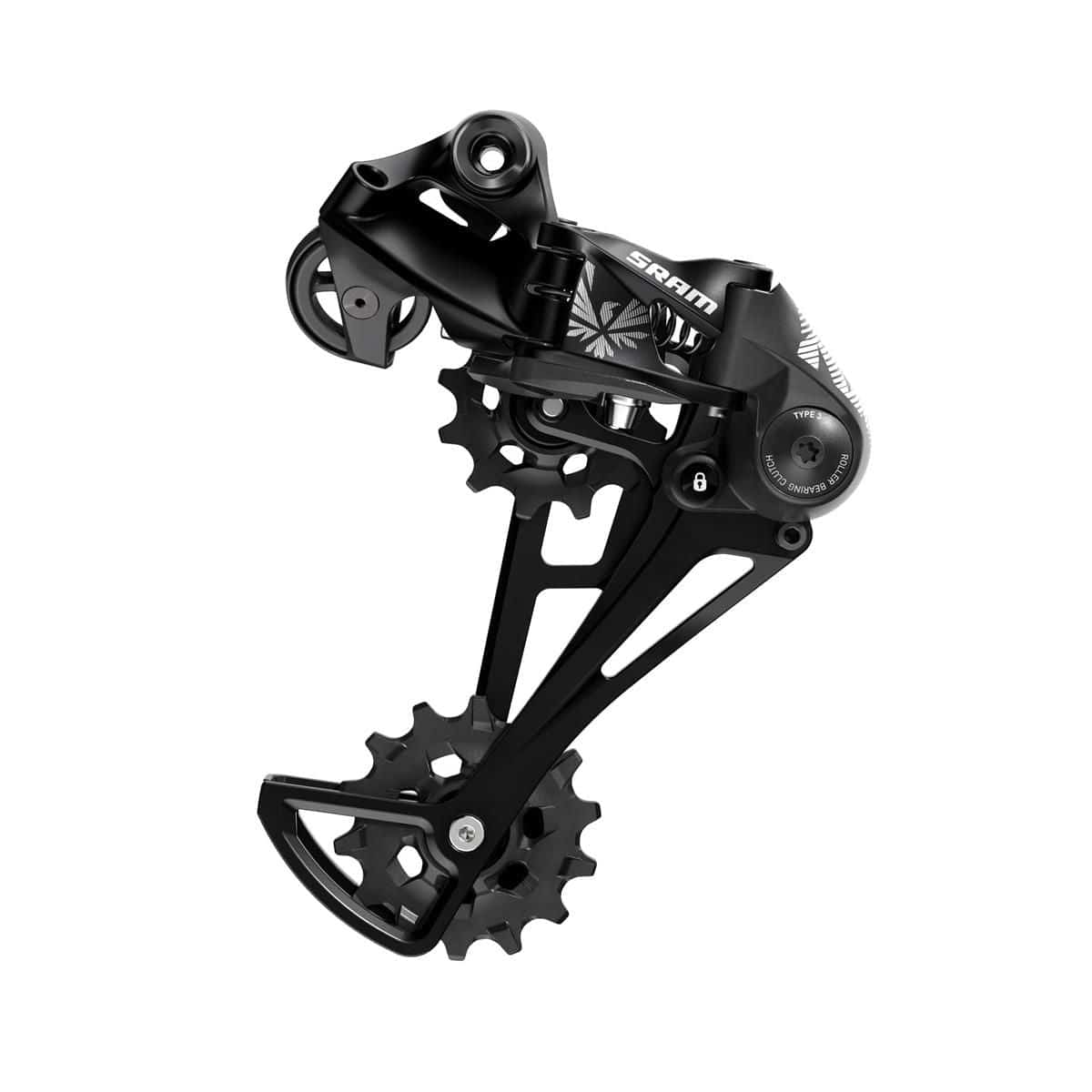 SRAM NX Eagle 12-speed MTB rear derailleur in black with X-HORIZON and Type-3 clutch, showcasing its design and construction.