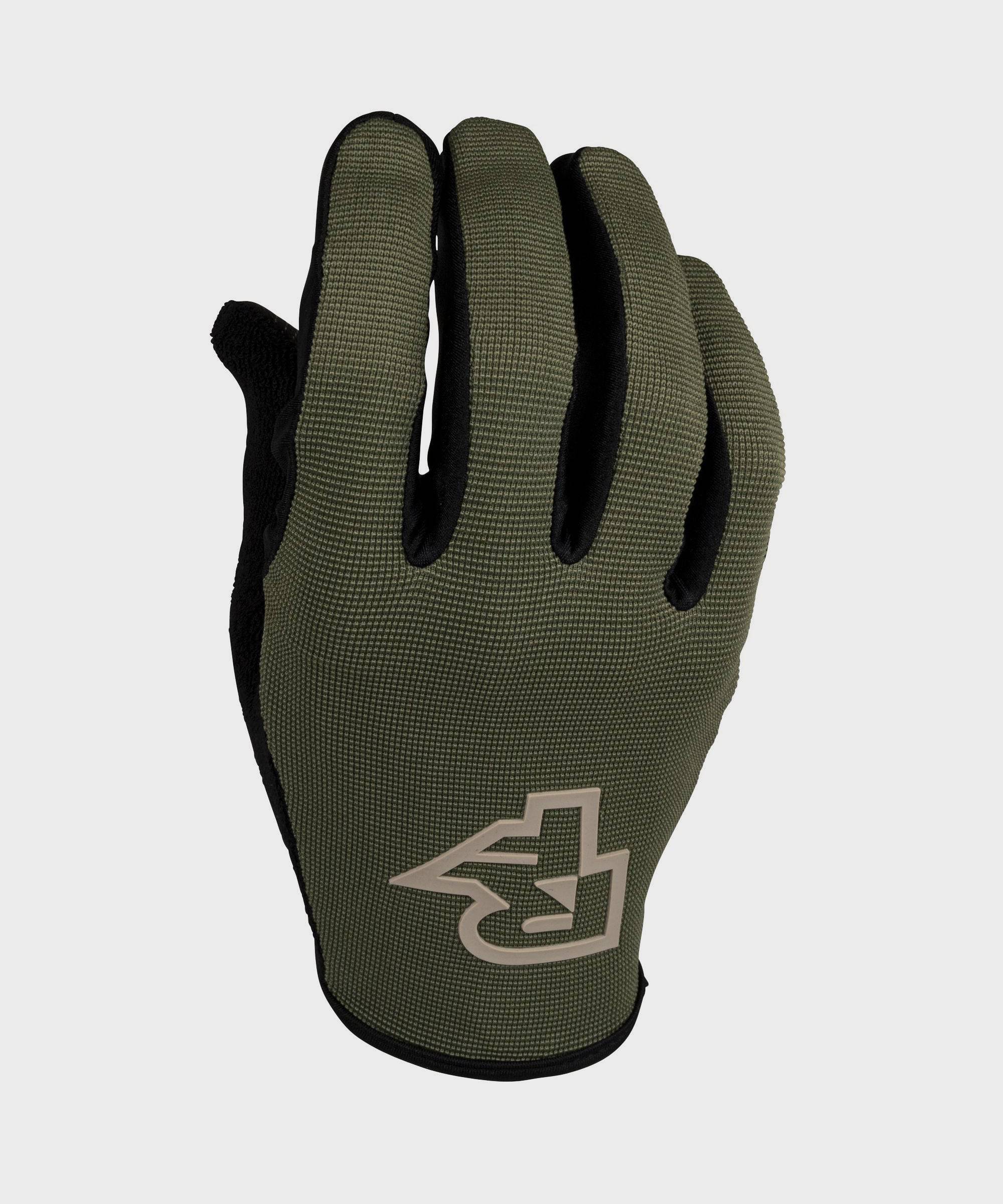 Race Face Trigger MTB gloves with breathable fabric, perforated palm, and sweat-absorbing thumb panel for enhanced cycling comfort.