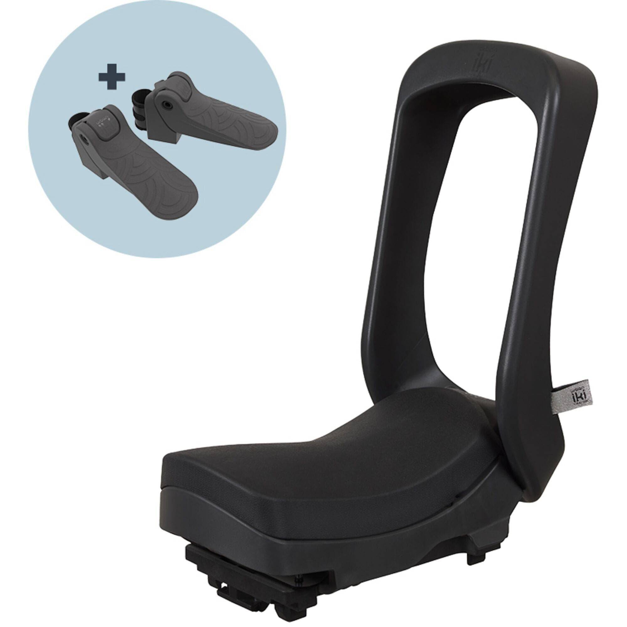 Urban Iki Junior child bike seat in Bincho Black, foldable with safety features, designed for comfort and easy attachment.
