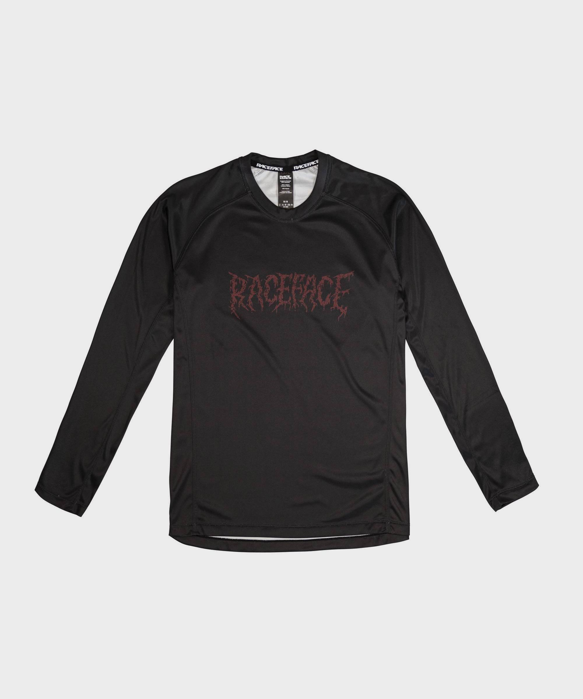Race Face Sendy Youth long sleeve MTB jersey, breathable kids' mountain biking shirt with logo and vibrant design.