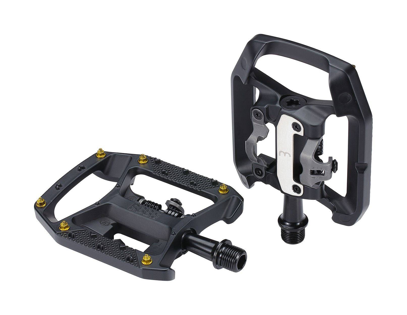Black BBB BPD-62 DualChoice MTB pedals with clipless SPD and flat pedal surfaces for mountain biking.