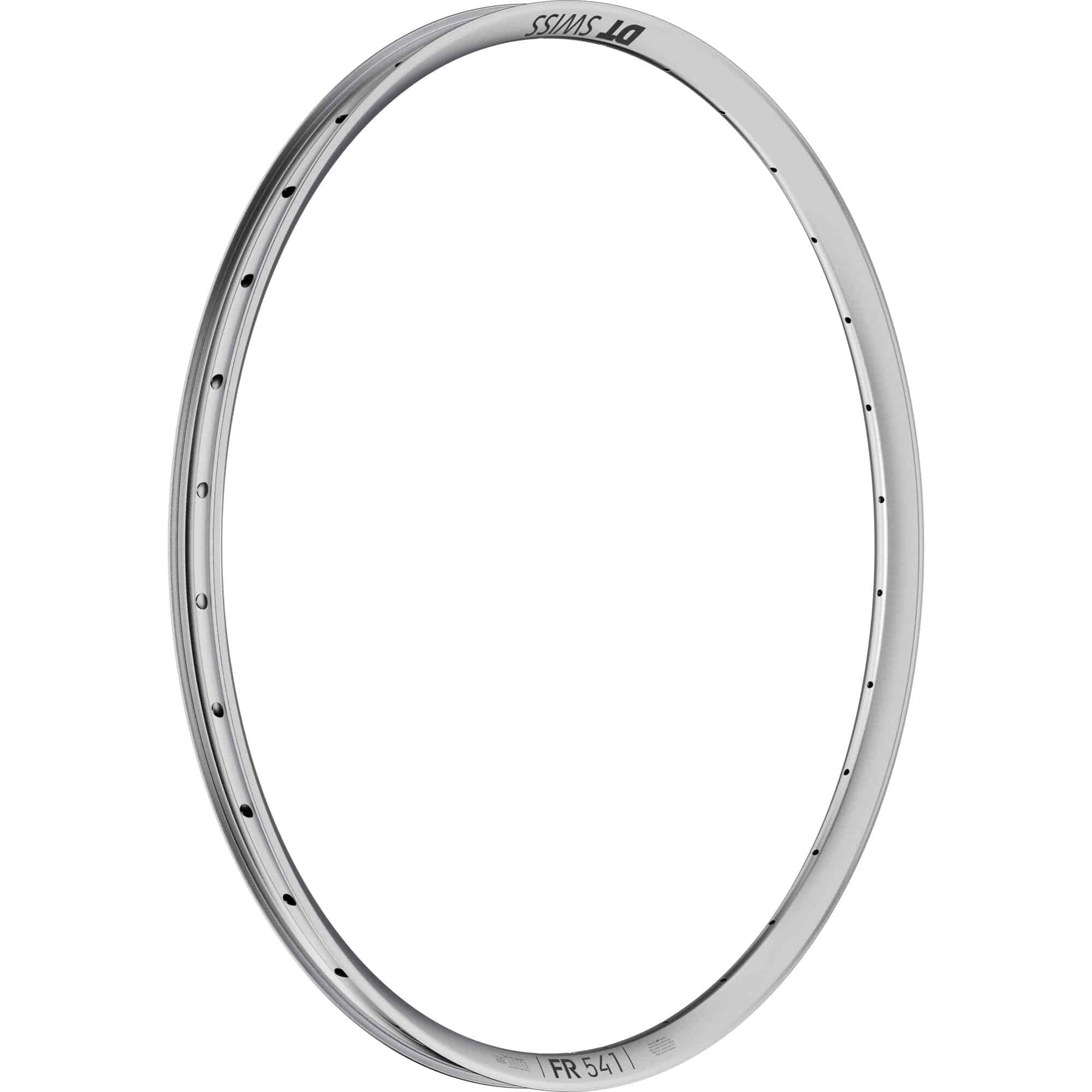 Silver DT Swiss FR 541 SBWT 27.5-inch disc brake rim with 32 holes and Presta valve, designed for mountain bike components.