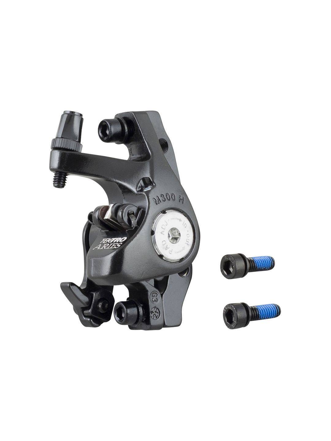 Tektro Novela mechanical disc brake calipers in black, front and rear, for Trek bike components, shown in a natural setting.