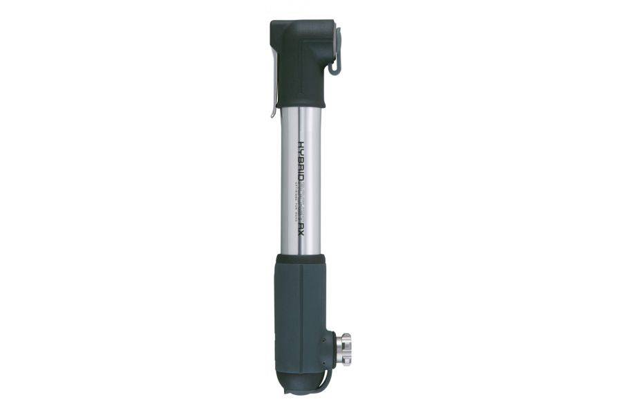Topeak Hybrid Rocket RX silver and black road bike pump with CO2 inflator, 160 psi, accessory for cycling inflation.
