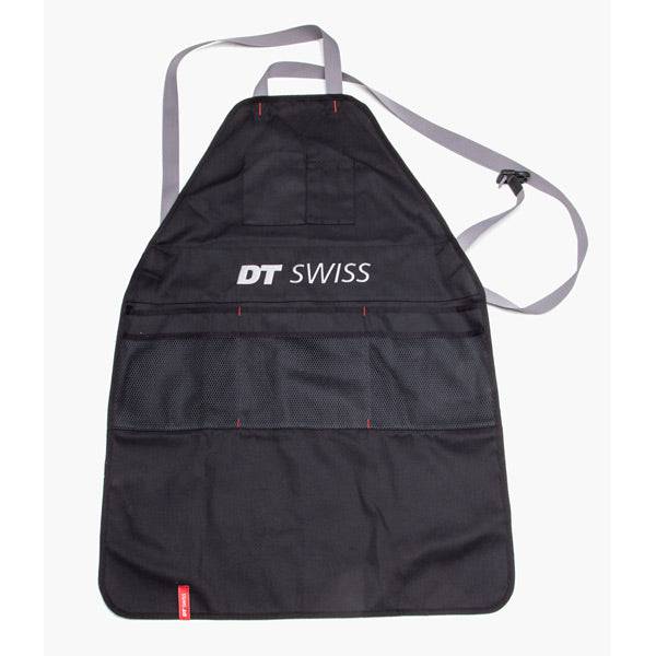 DT Swiss professional workshop apron with multiple pockets and phone pouch, durable and practical for bike maintenance tasks.