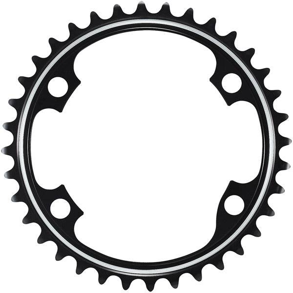Shimano Dura-Ace FC-R9100 36-tooth inner chainring for 11-speed 52/36T crankset, close-up view of black bike component.