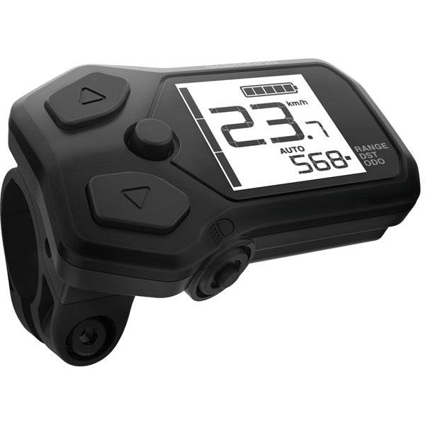 Shimano STEPS SC-E5000 assist switch with cycle computer and 22.2mm clamp band, mounted on a bicycle handlebar.
