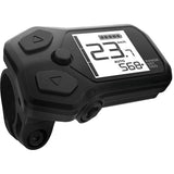 Shimano STEPS SC-E5000 assist switch with cycle computer and 22.2mm clamp band, mounted on a bicycle handlebar.