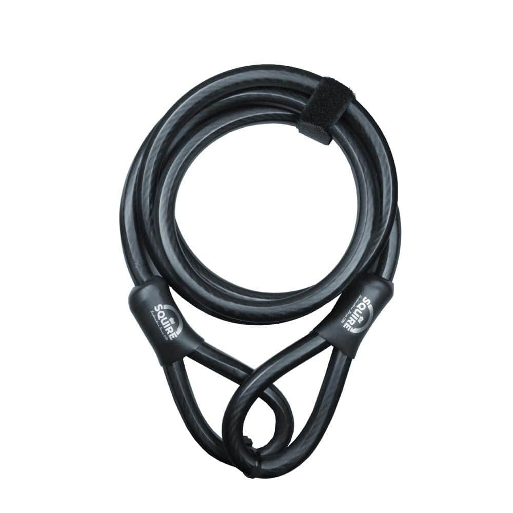 Squire 12mm security cable lock with durable, anti-cut design for bikes and gates, shown coiled with sturdy metal construction.