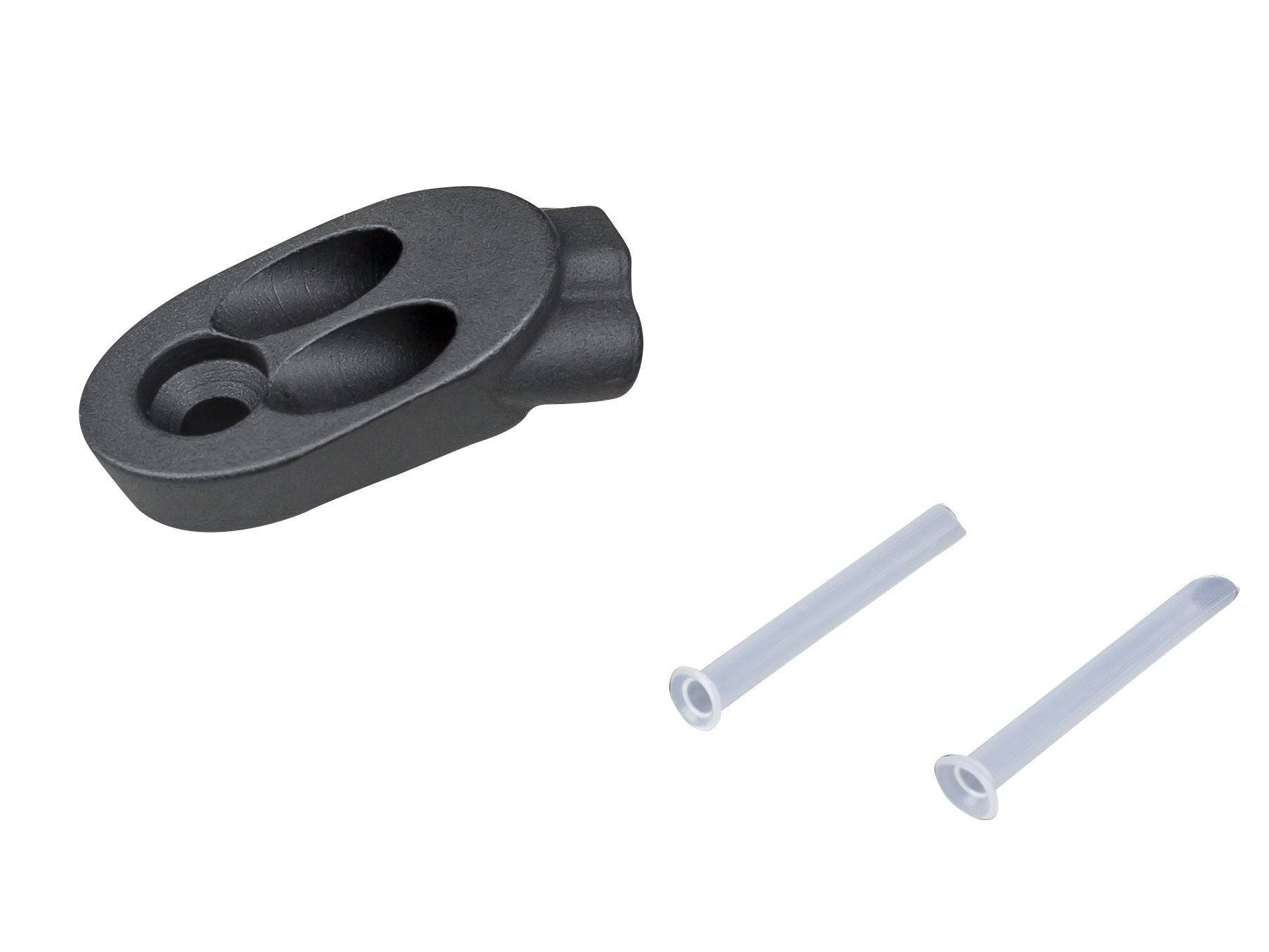 Black Trek Control Freak downtube derailleur housing stop and cable guide for 2X gear systems, bicycle component part.