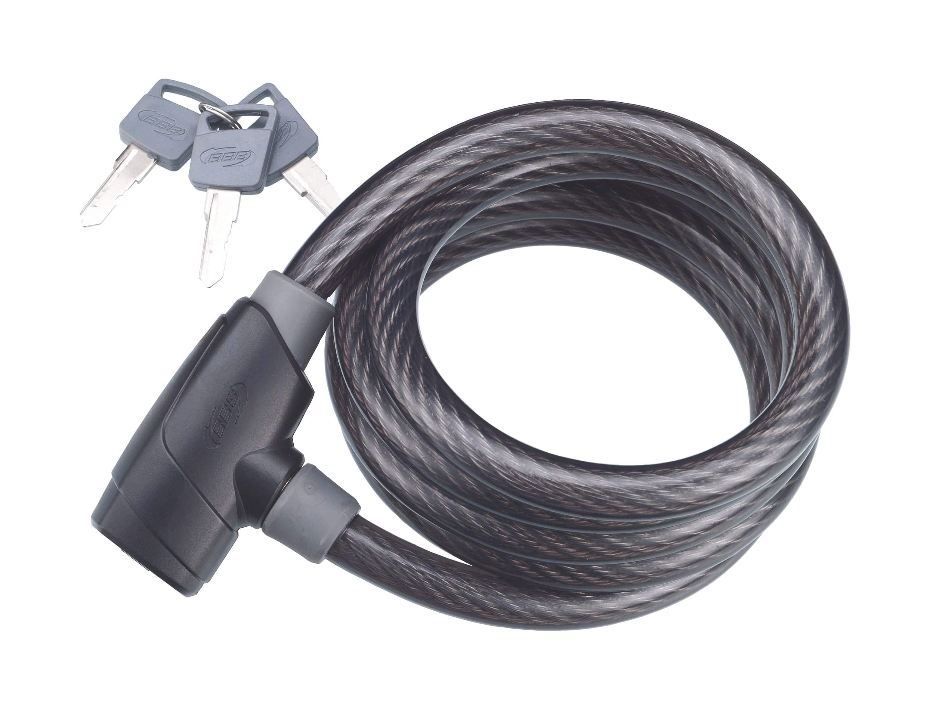 BBB BBL-31 PowerSafe Lock bike cable lock with 12mm diameter and three keys, shown coiled with secure locking mechanism.