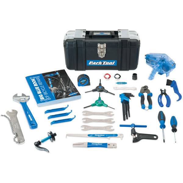 Park Tool AK-5 Advanced Mechanic Tool Kit with Big Blue Book for bike repair, workshop tools displayed on a workbench.