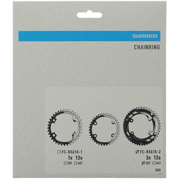 Shimano GRX FC-RX610-2 12-speed gravel bike double chainring with 46-30T teeth, shown on a bike component.