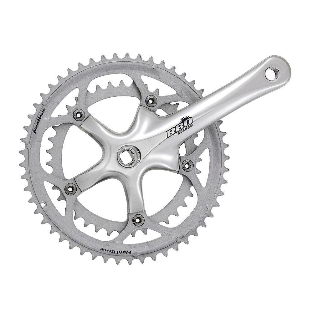 SunRace FCR818 double 8-speed road bike crankset with Super Fluid Drive technology, featuring black crank arms and chainring.