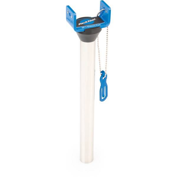 Park Tool DF-1 dummy fork for bike maintenance, with brake caliper holder and spacer, used in bike workshop setups.