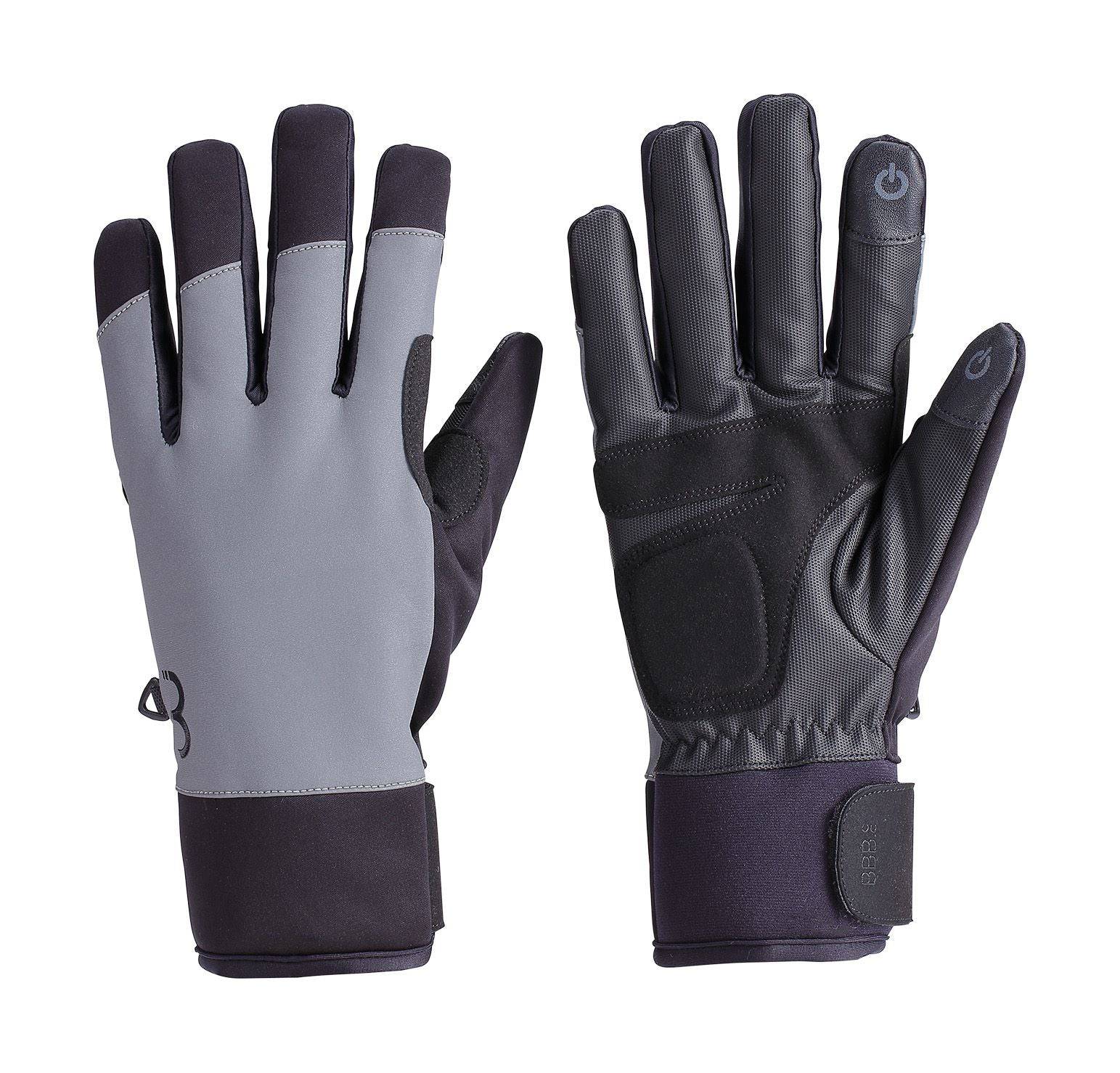 BBB ColdShield winter cycling gloves in black with reflective details, waterproof fabric, touchscreen-friendly fingertips.