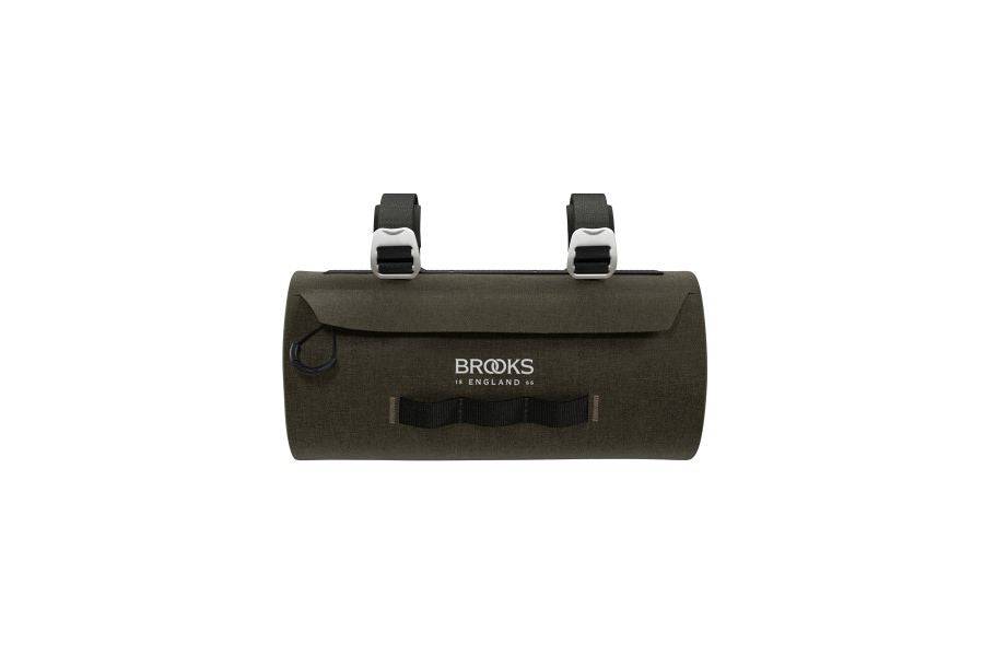 Brooks Scape Waterproof Handlebar Pouch in black mounted on a bike handlebar, 3L bike storage bag for accessories.