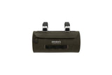Brooks Scape Waterproof Handlebar Pouch in black mounted on a bike handlebar, 3L bike storage bag for accessories.
