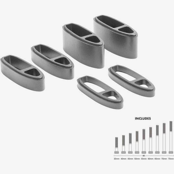 Profile Design A3A Low Riser Kit for Wing20C+ and Wing Ultimate aerobars, includes 5mm, 10mm, and 20mm spacers for bike handlebar adjustment