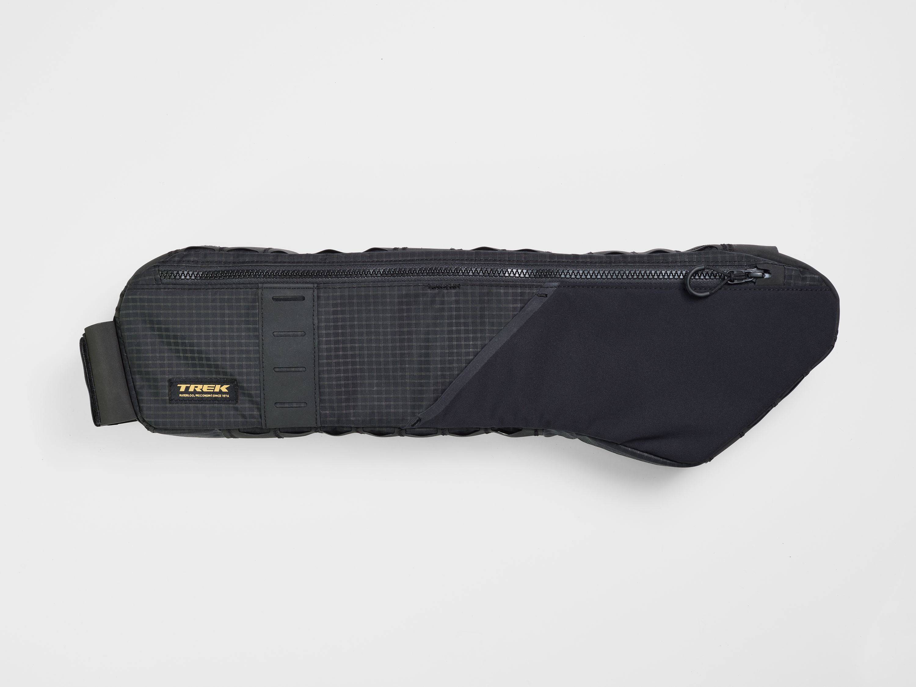 Trek bike packing adventure frame bag attached to a bicycle frame, durable cycling storage accessory for long-distance rides
