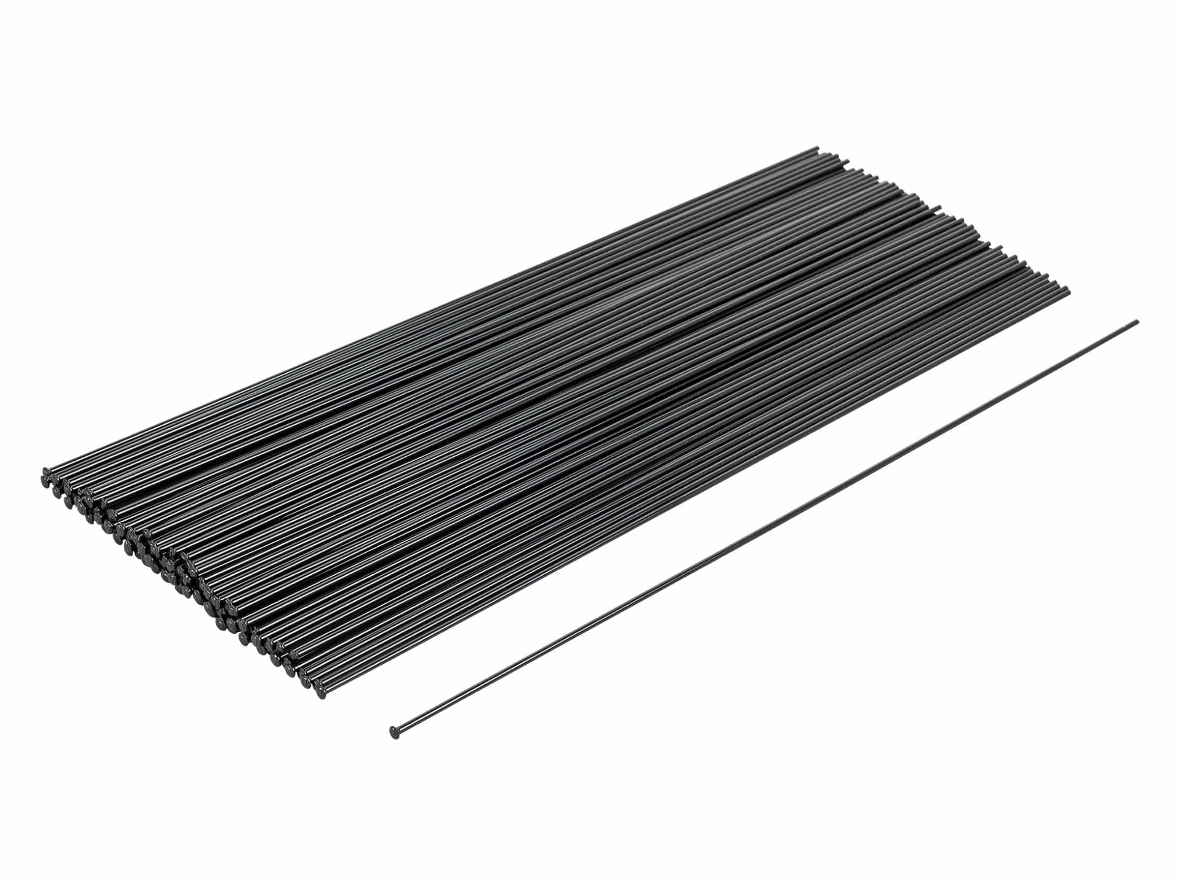 Black Bontrager 14 gauge nail-head spokes, 310mm length, for wheel repair, shown in a box of 100 components.